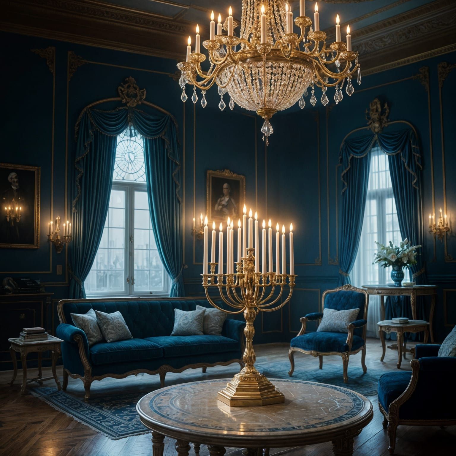 Blue and Gold Hanukkah Masterpiece in Cinematic Style