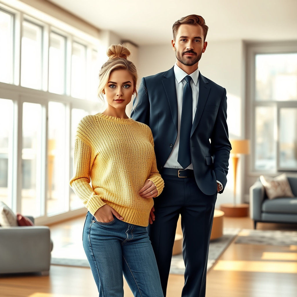 Woman and Man in Sunlit Room: Photorealistic Image