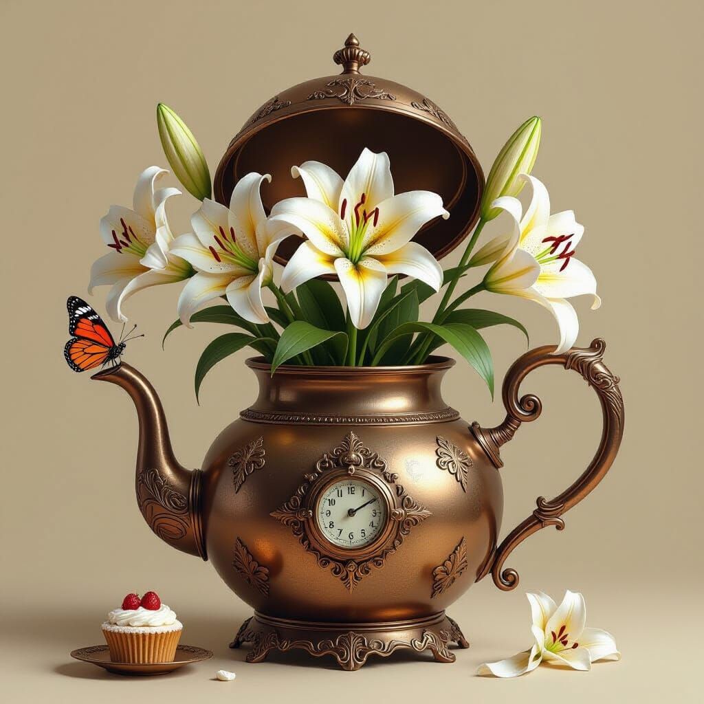 Steampunk Kettle with Lilies and Butterfly