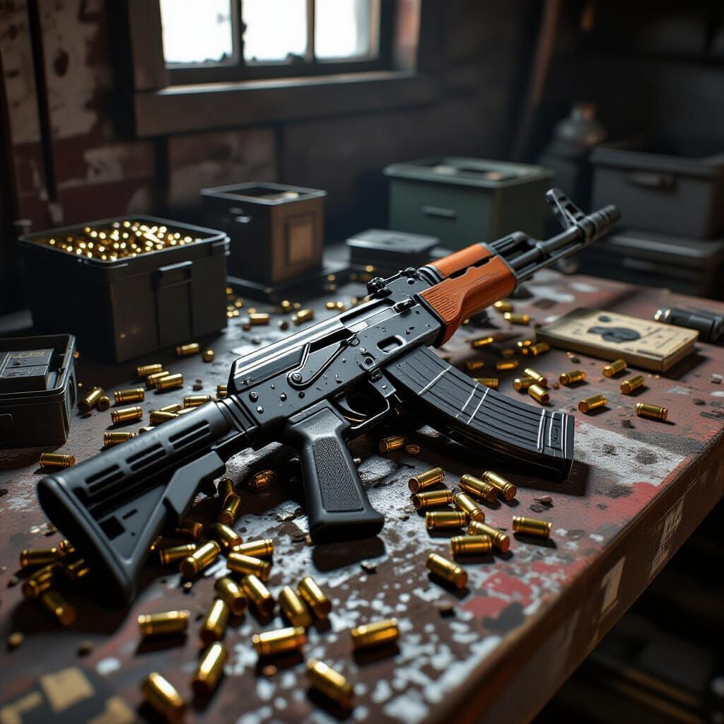 Hyperrealistic AK-47 on Workbench with Bullets