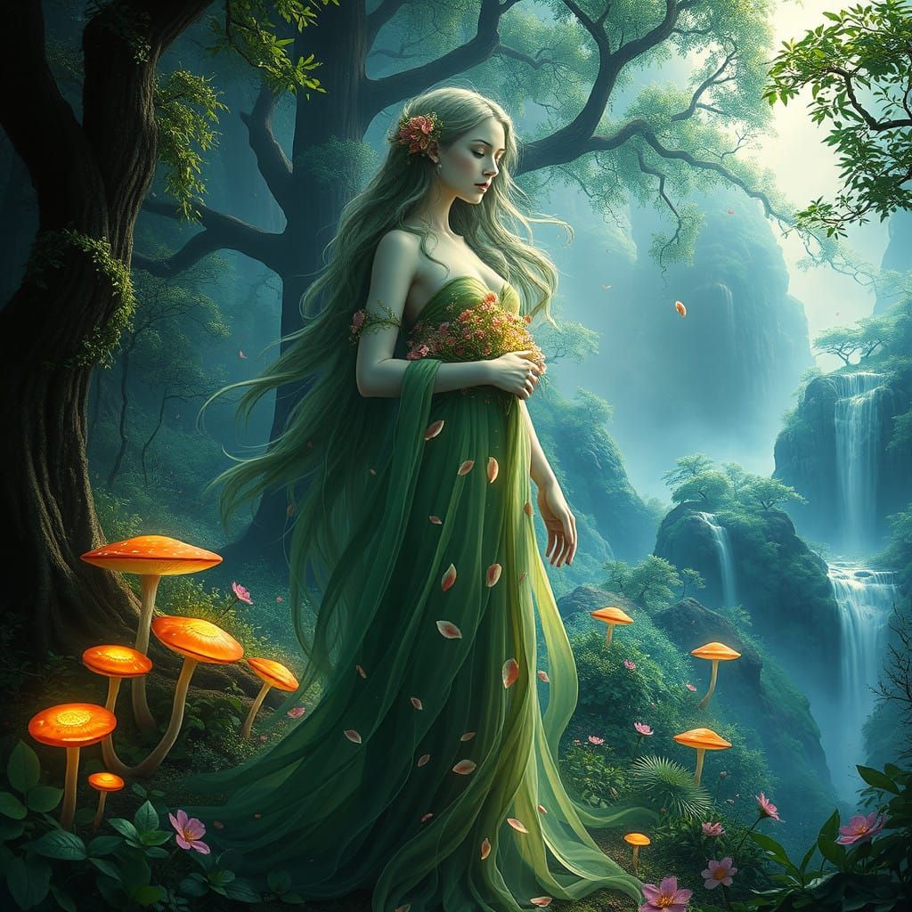Majestic Mother Nature Goddess in Lush Vibrant Forest