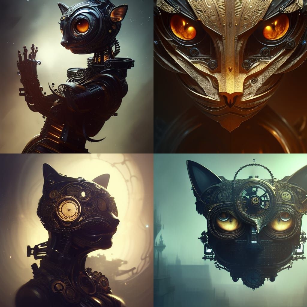 Clockwork Robot Cat Portrait in Dark Fantasy Style