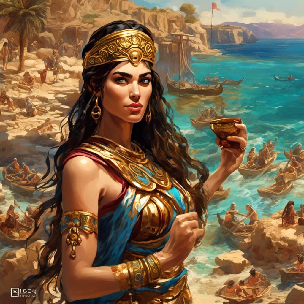 <lora:Phoenicia:1.0> alcohol ink picture of a beautiful Phoenician woman at the seashore with intricate gold filigree hi...