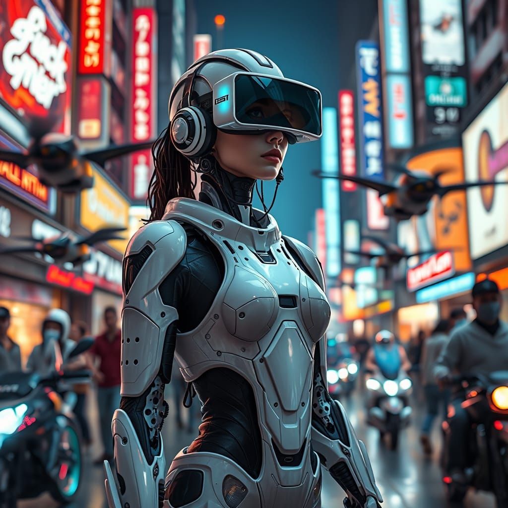 Cyborg Girl with VR in Crowded Neon City