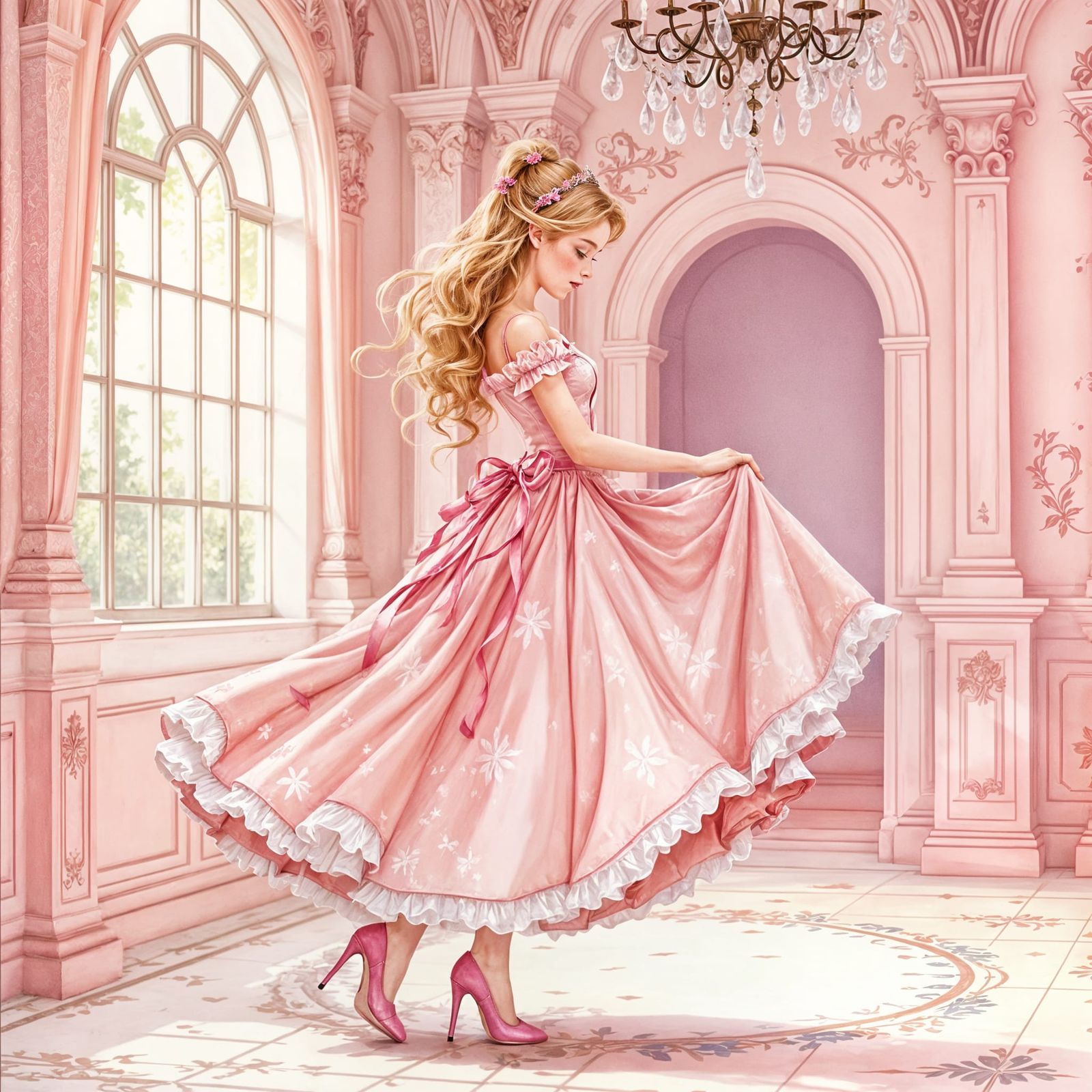 Fairytale Princess in Enchanting Pink Ballroom