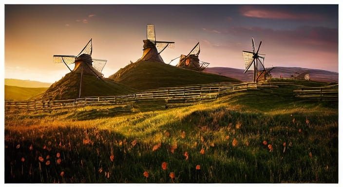 Giant Windmills on a Wind-Swept Hill at Sunset