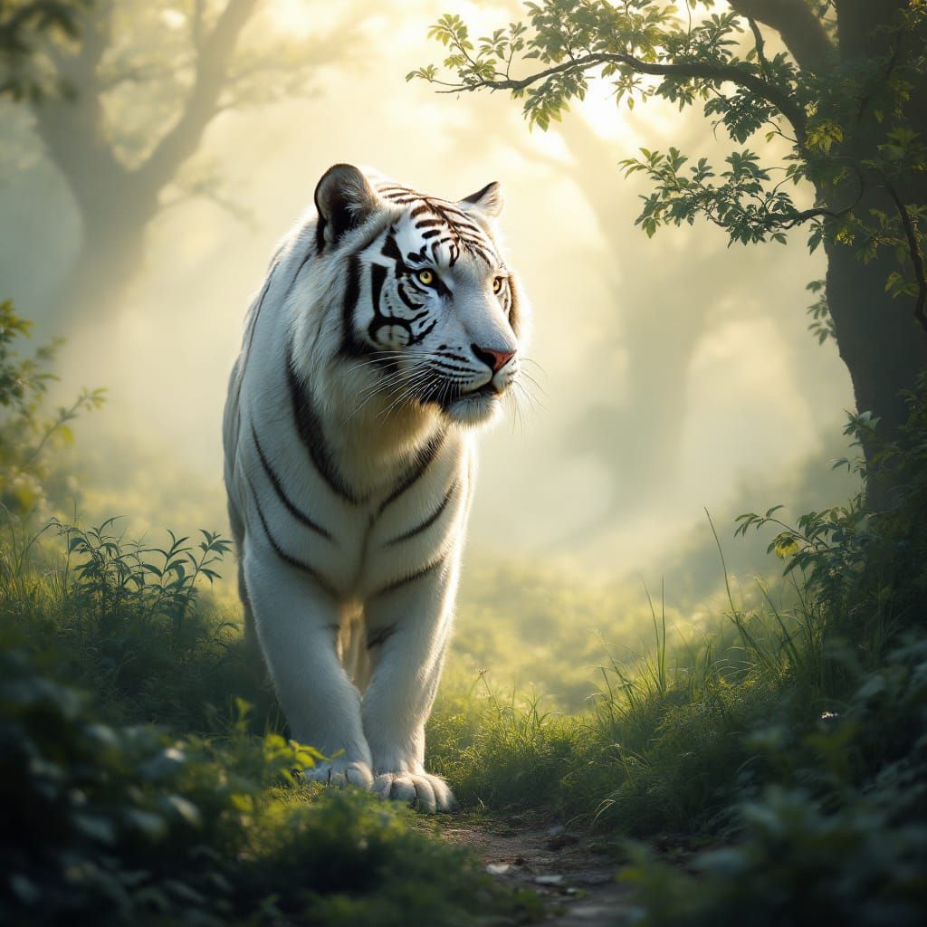 Majestic White Tiger in Verdant Valley