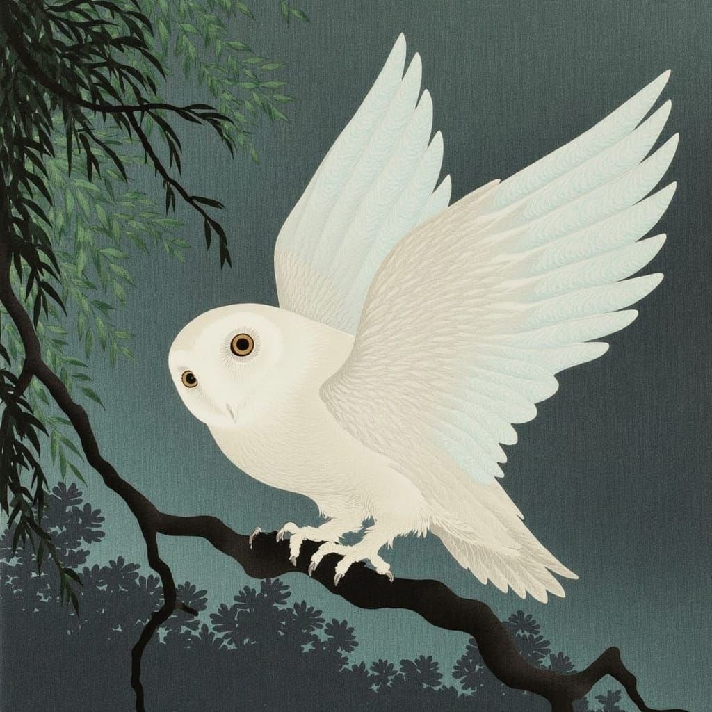 Barn Owl with Holographic Wings in Ukiyo-e Style