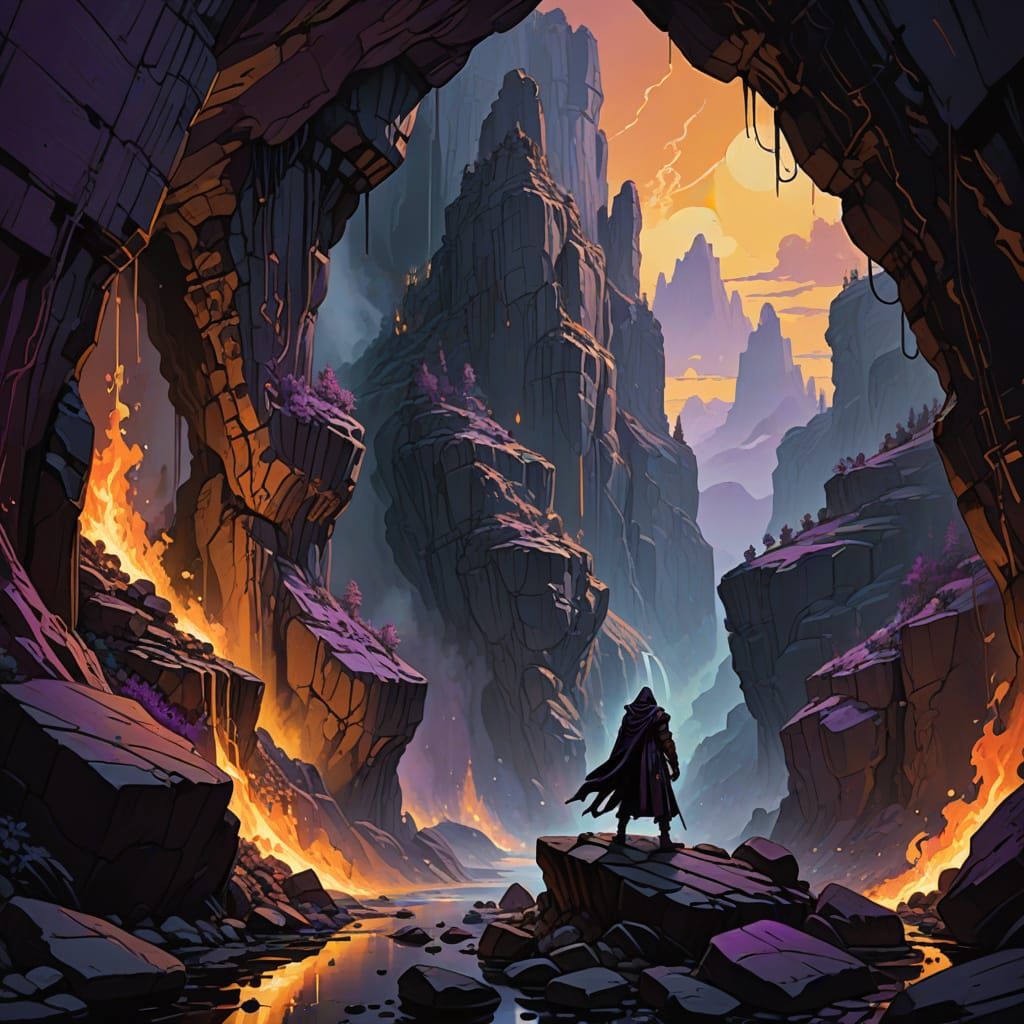 Dark Fantasy Landscape with Hooded Figure and Blazing Cliffs