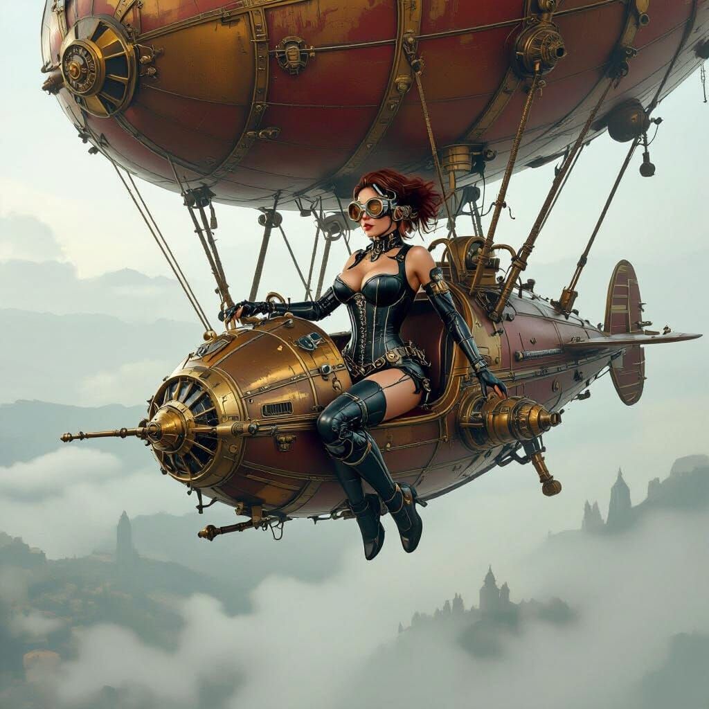 Steampunk Cyborg Pilot in Misty Skies