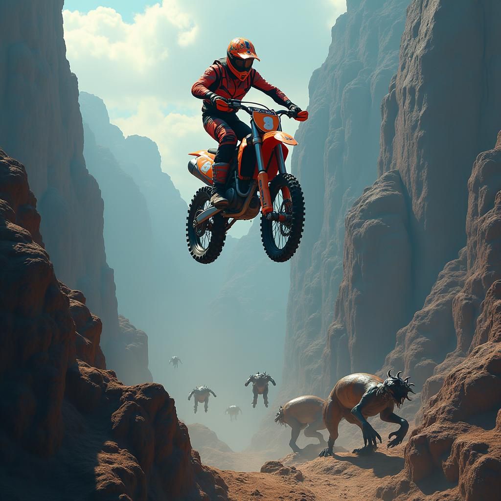 Motocross Rider Soaring Above Mythical Creatures