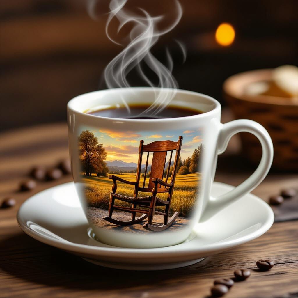 Cozy Coffee Cup with Vintage Rocking Chair Art