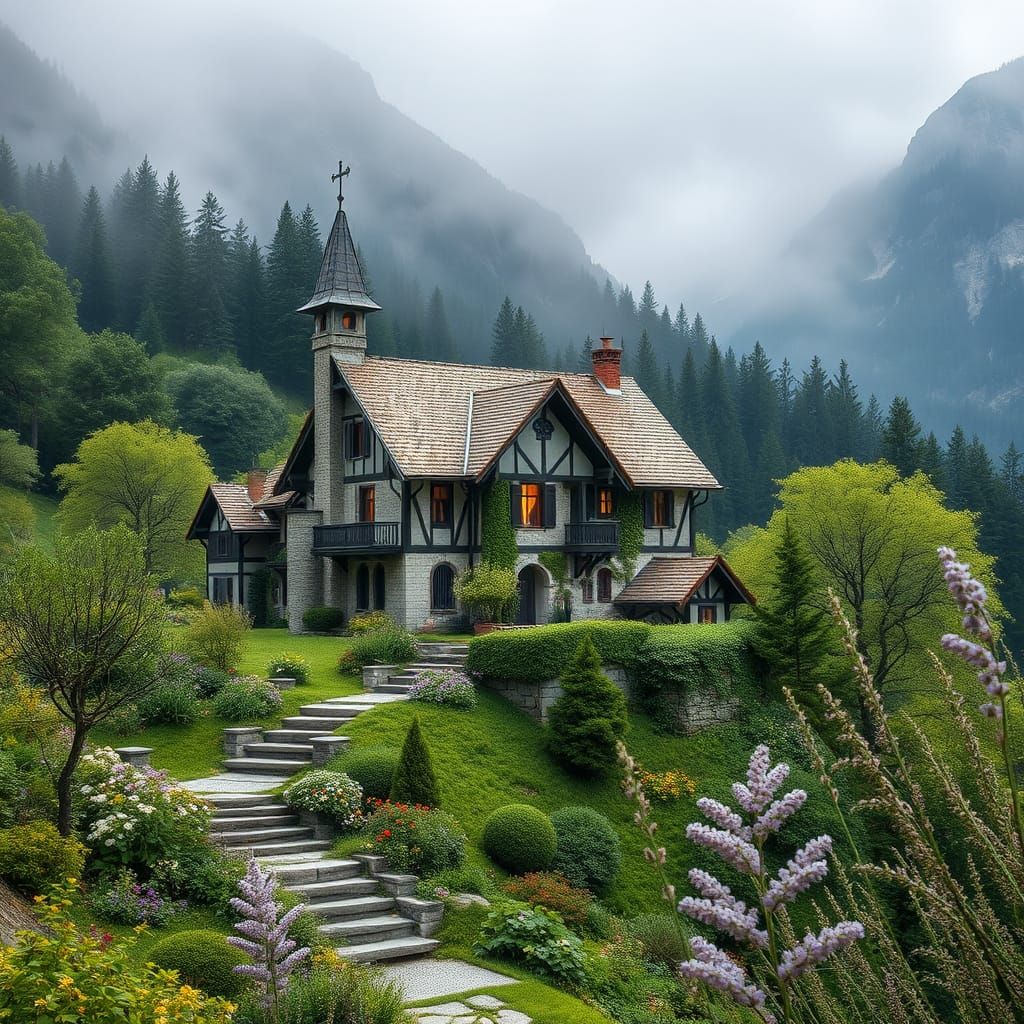 Majestic Mountain Cascata in Vibrant Spring Greenery
