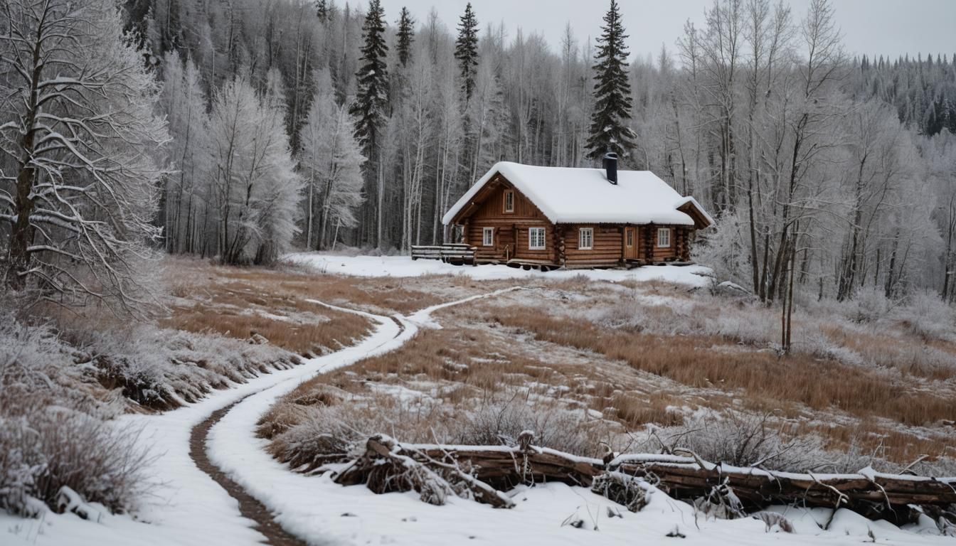 Arctic Landscape with Snow Covered Cabin