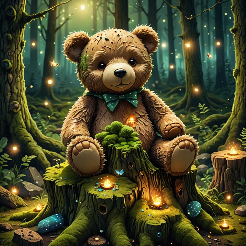 Teddy Bear in Enchanted Forest Illustration