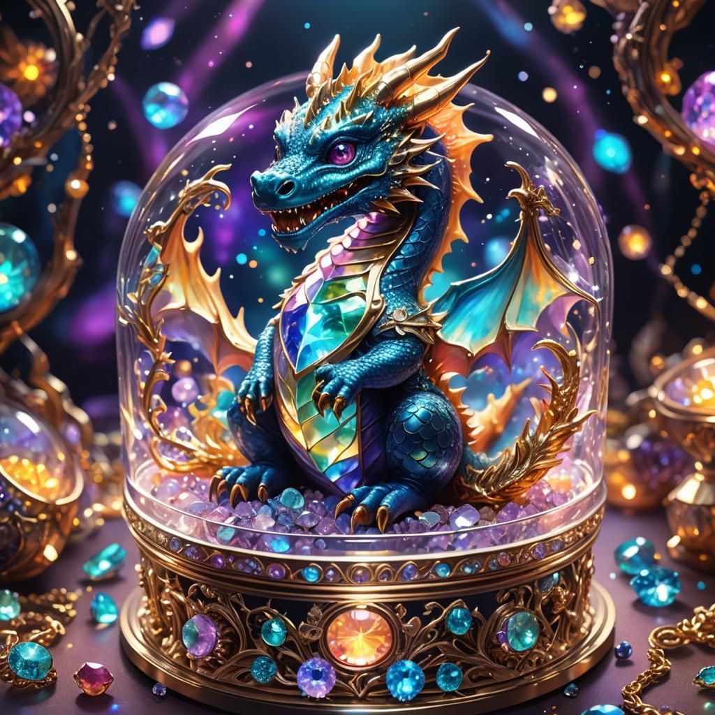 Miniature Dragon Baby in Jewelry Box, Cosmic Illustration