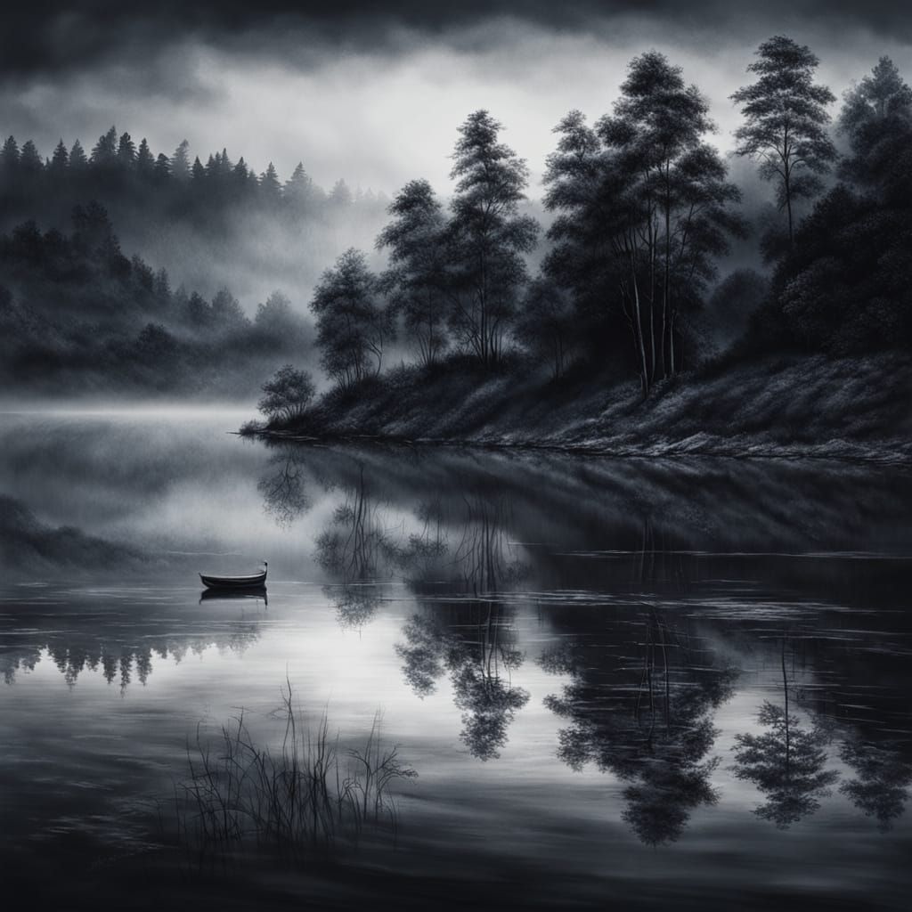 Misty Lakeside Scenery in Charcoal Drawing Style