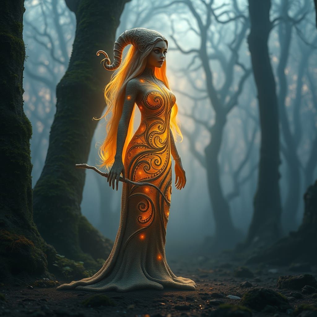 Miniature Glowing Sand Witch in Misty Forest