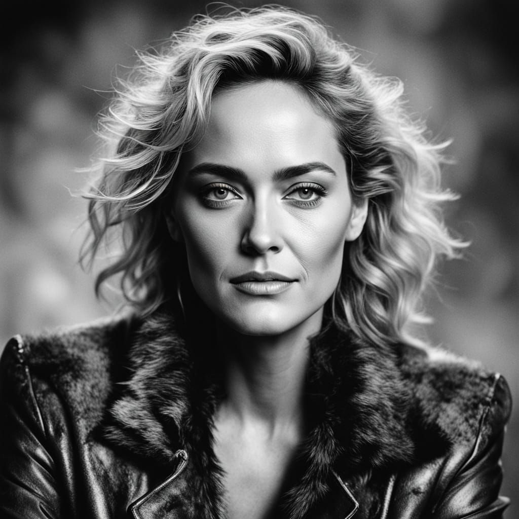 Vintage Black and White Portrait of a Woman in a Fur-Collare...