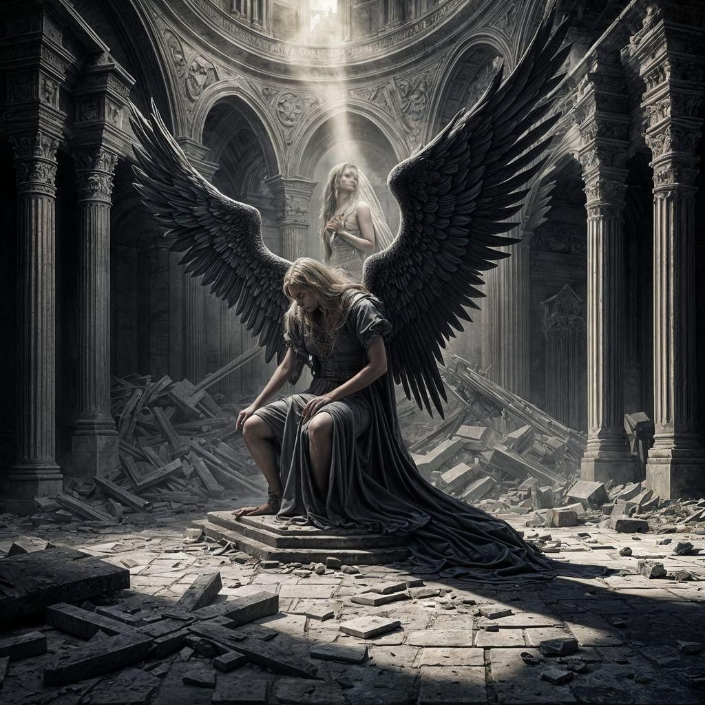 Fallen Angel Kneeling on Shattered Altar