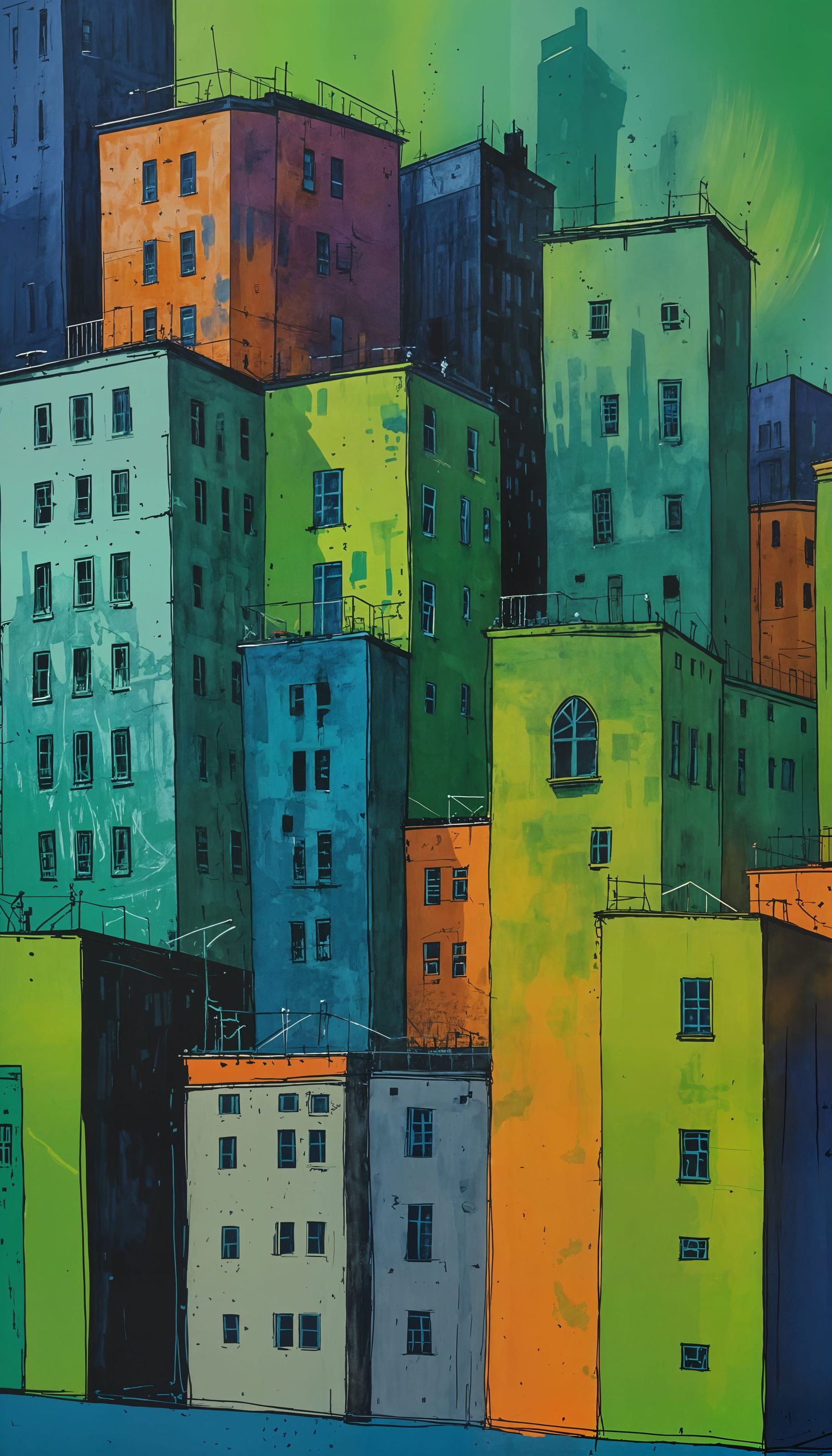 Vibrant Cityscape in Expressive Ink Style