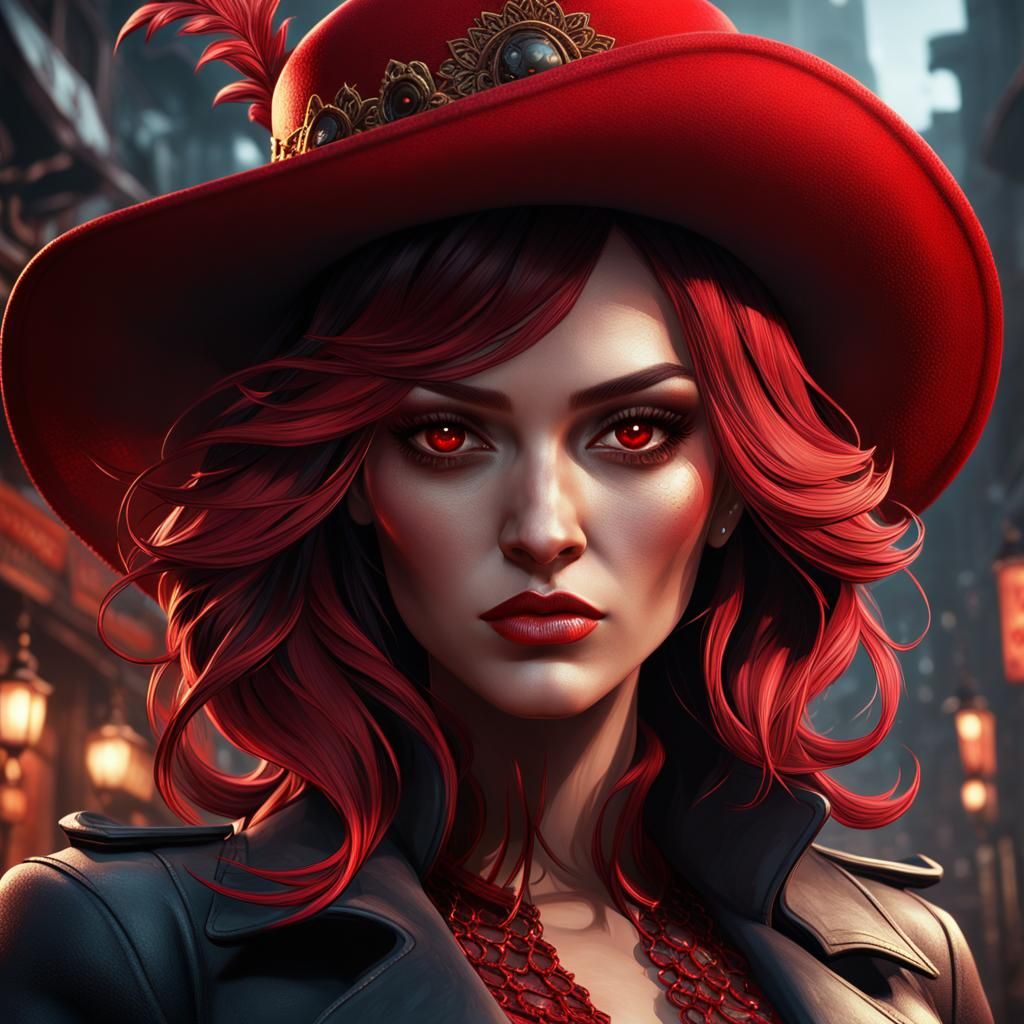 Mafia Girl in Red Hat, Detailed Matte Painting