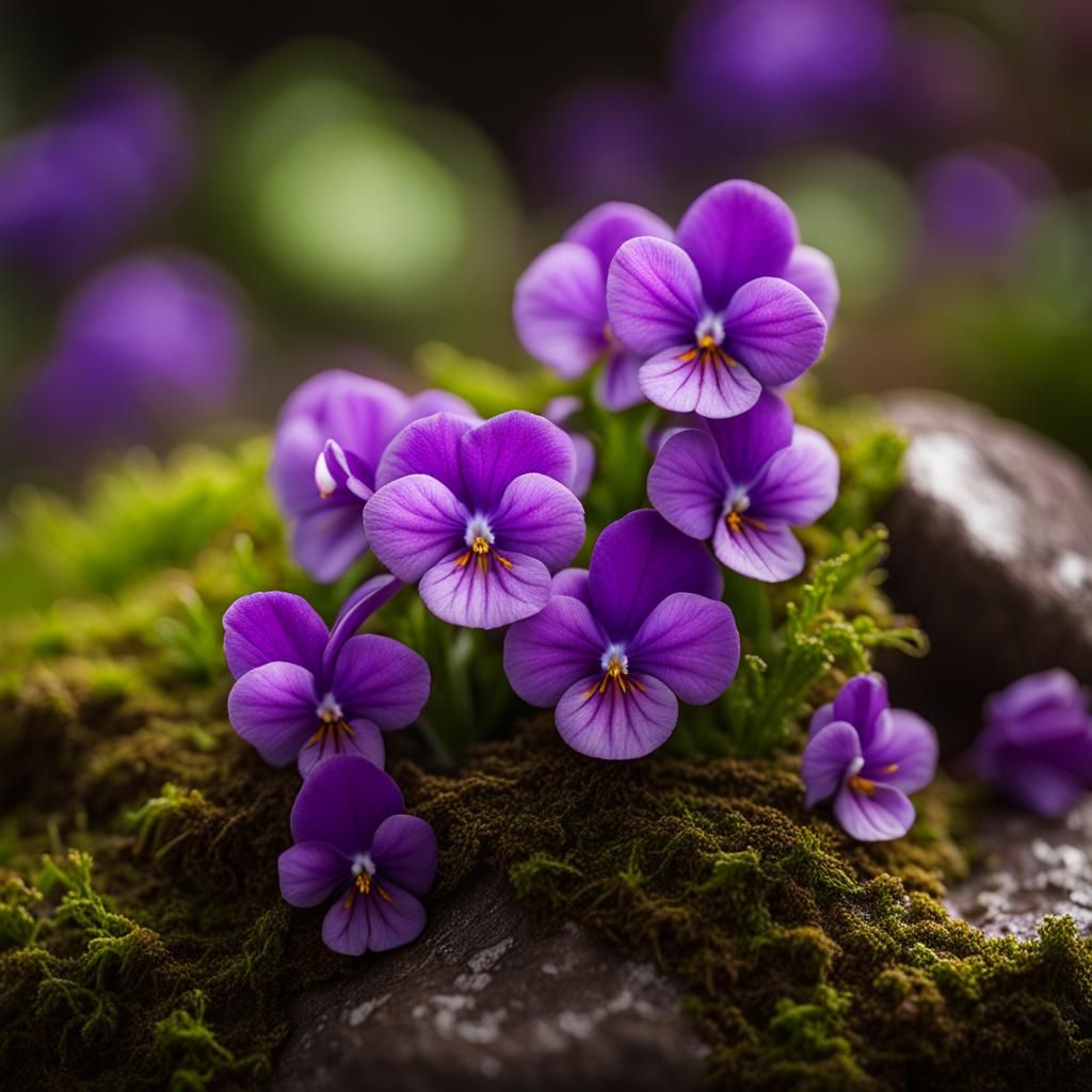 Blooming Violets on Mossy Stone, Close-Up Photography
