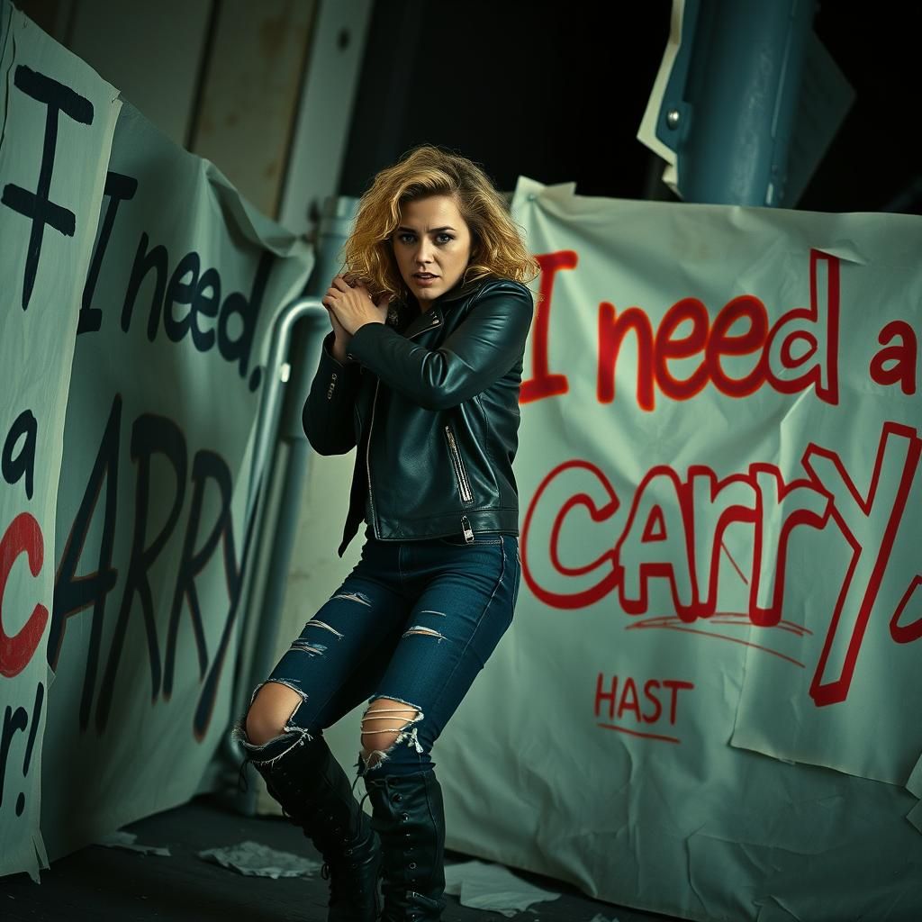 Woman Tearing Down Posters: Gritty Cinematic Still