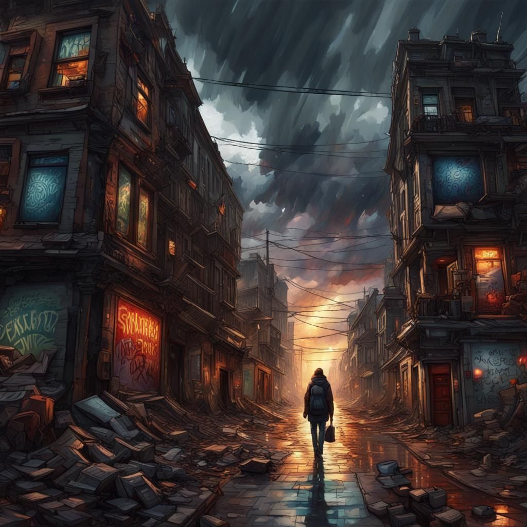 Dystopian Cityscape with Graffiti in Dark Fantasy Style