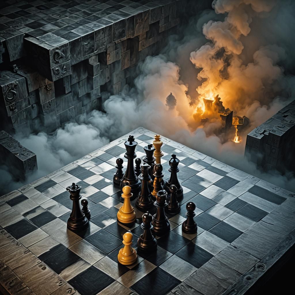 Surreal Chessboard in Misty Room, Digital Art