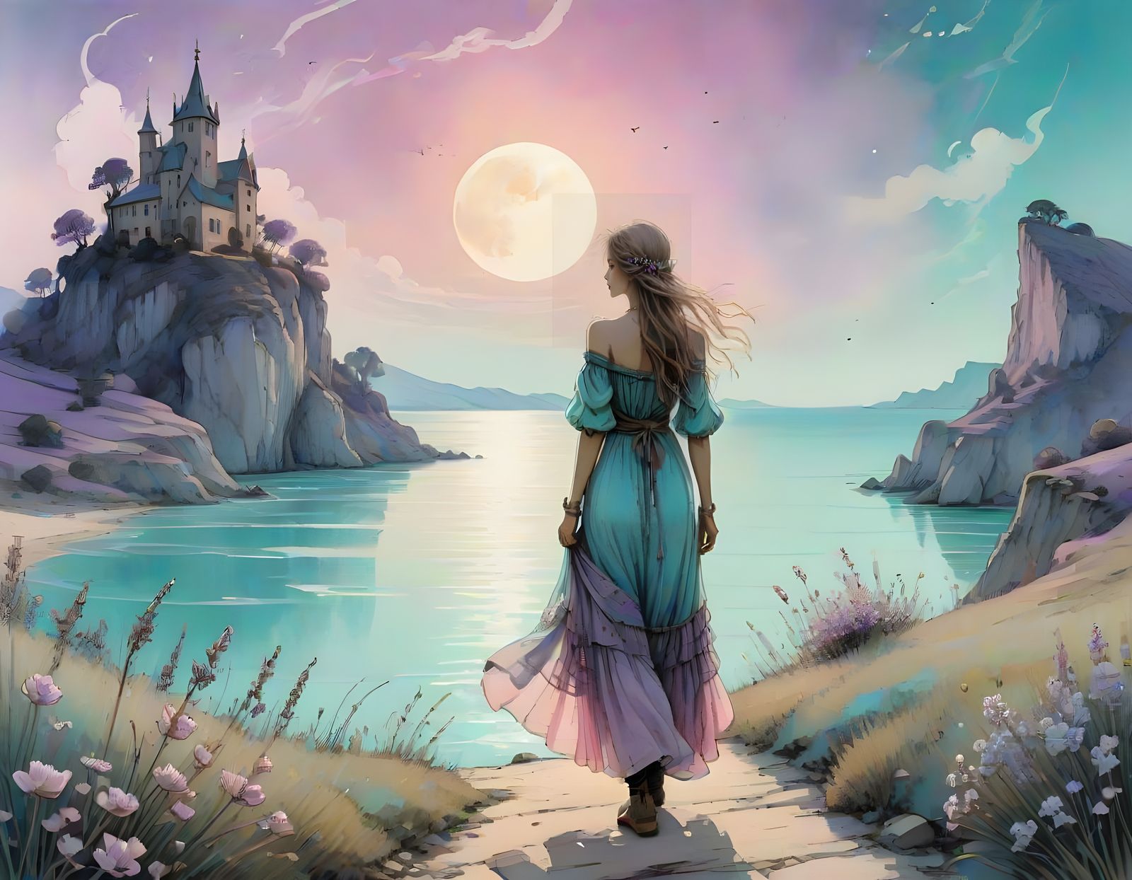 Dreamy Boho Girl Stares at Turquoise Sea under Purple Moon