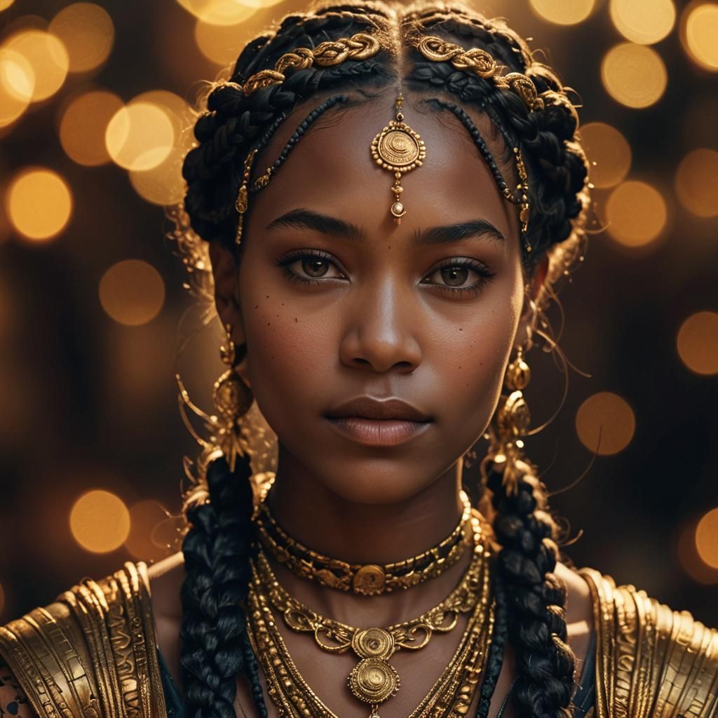 Hyperrealistic Portrait of a Woman with Braids and Jewelry