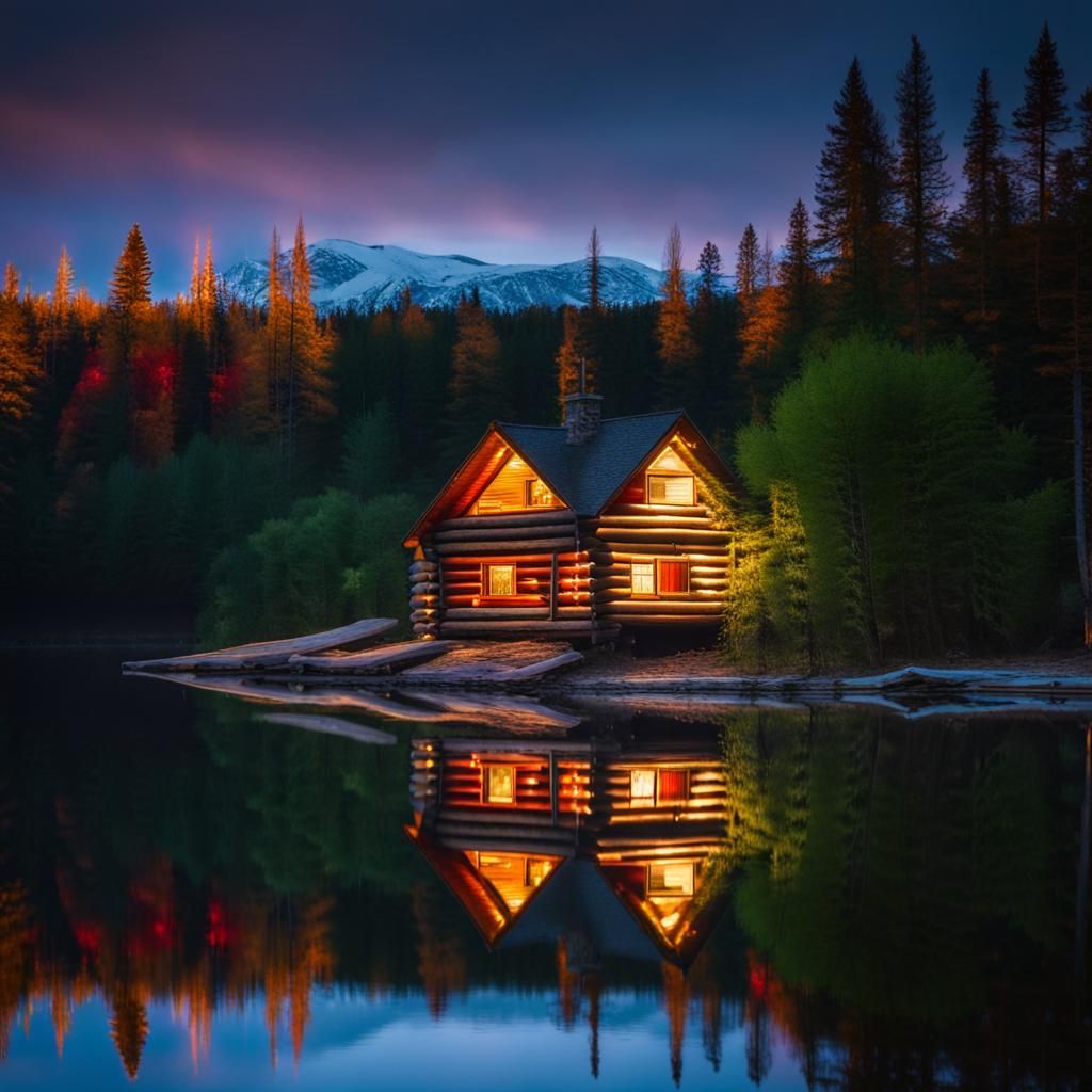Log Cabin Lights Reflect on Calm Lake