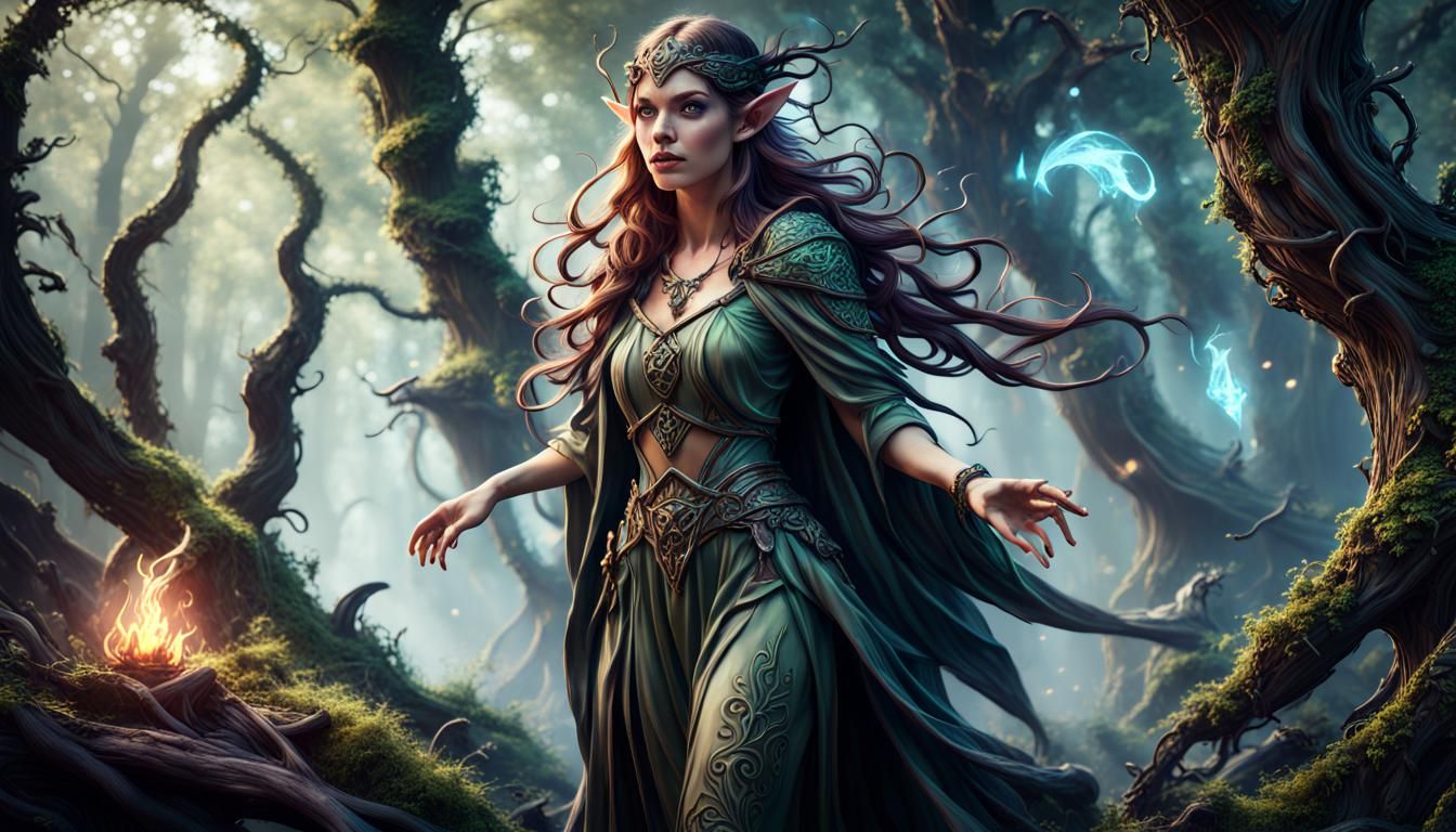 Magical Elf Sorceress with Fairies, Detailed Digital Art