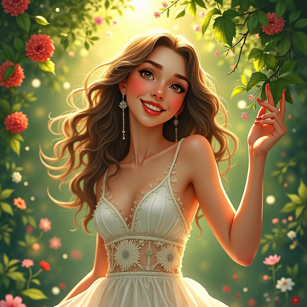 Smiling Woman in Lush Floral Art Nouveau Scene