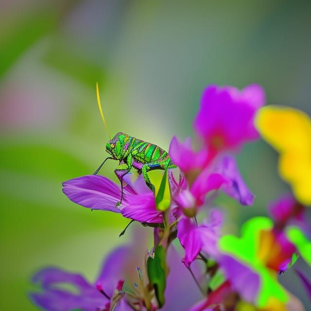 Iridescent Grasshopper Among Tropical Flowers
