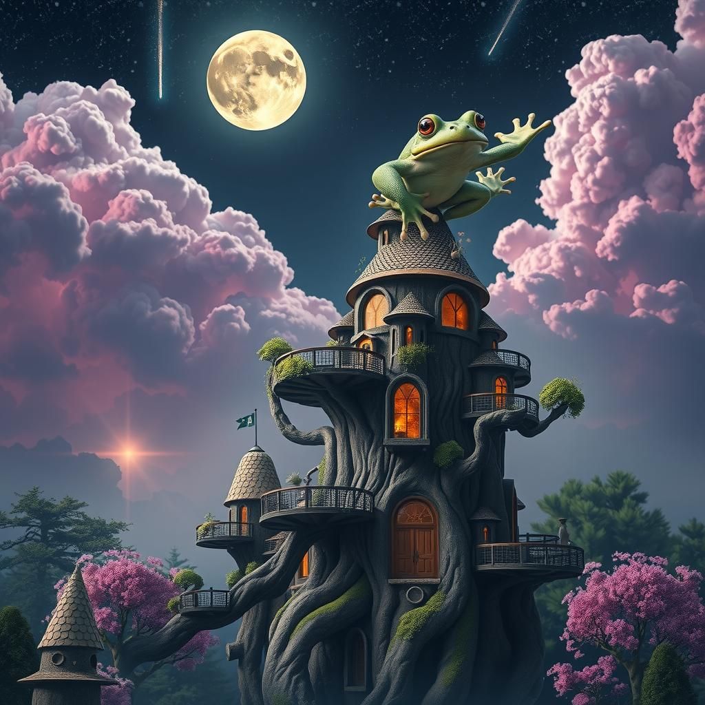 Giant Toad Jumps on Forest Treehouse