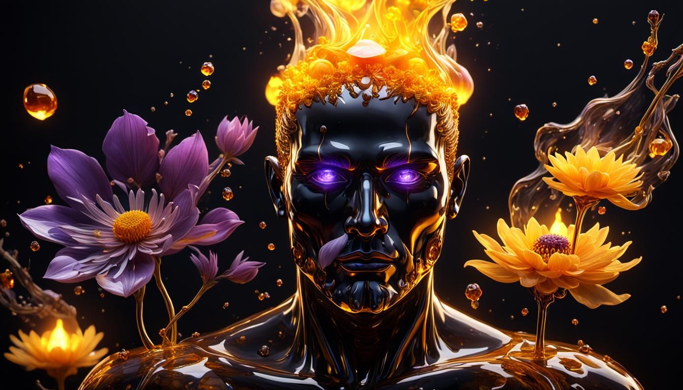Honey Glass Man Floating in Flames: Digital Art