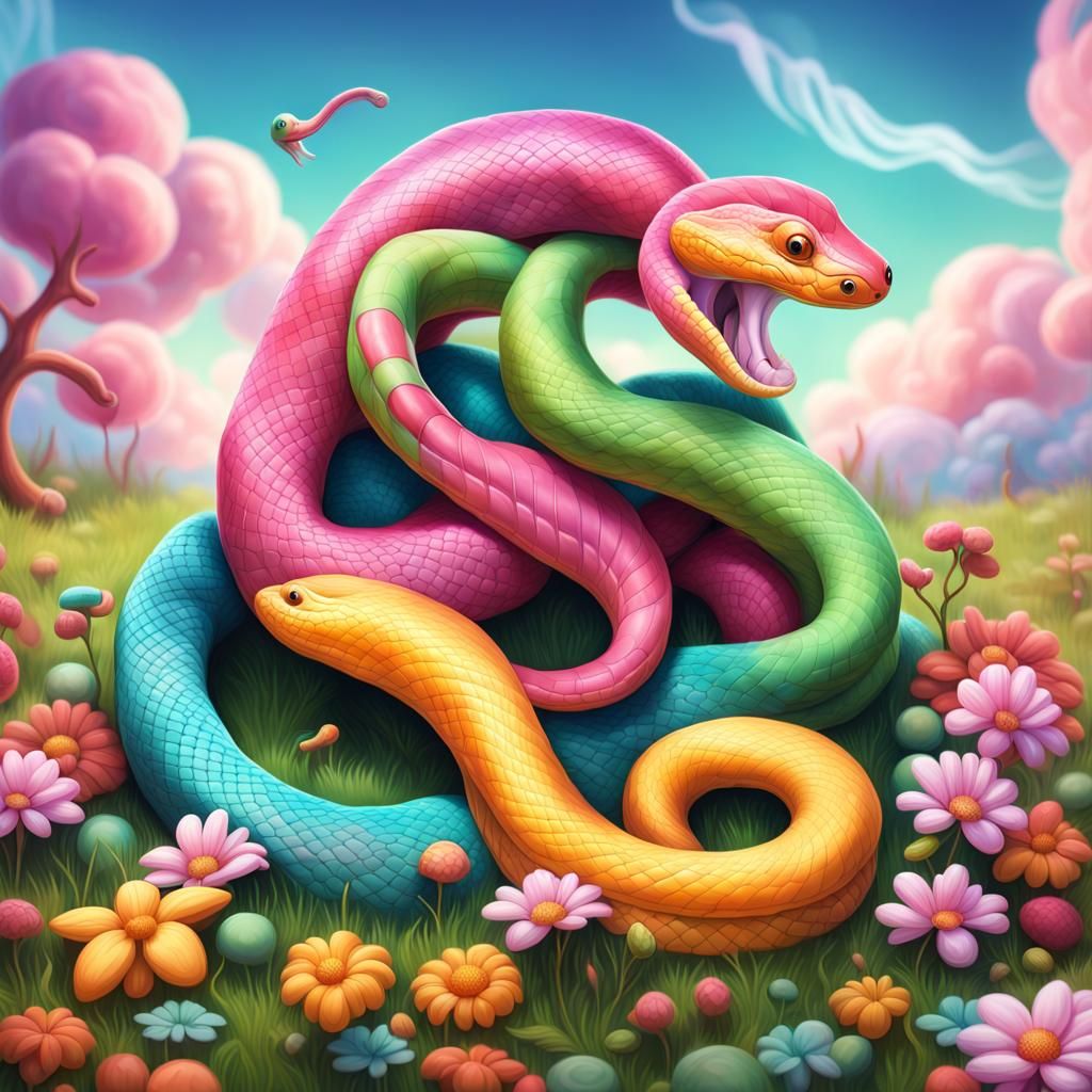Snakes Tend Flowers in Whimsical Candy Art