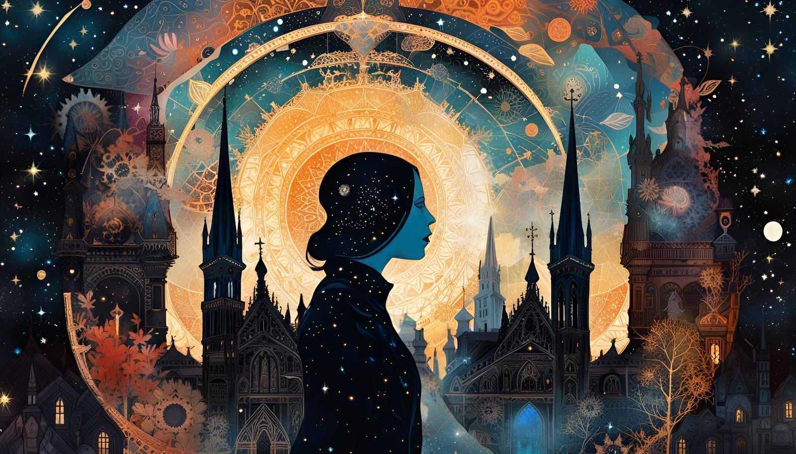 Gothic Church Constellation Universe: Surreal Collage Art