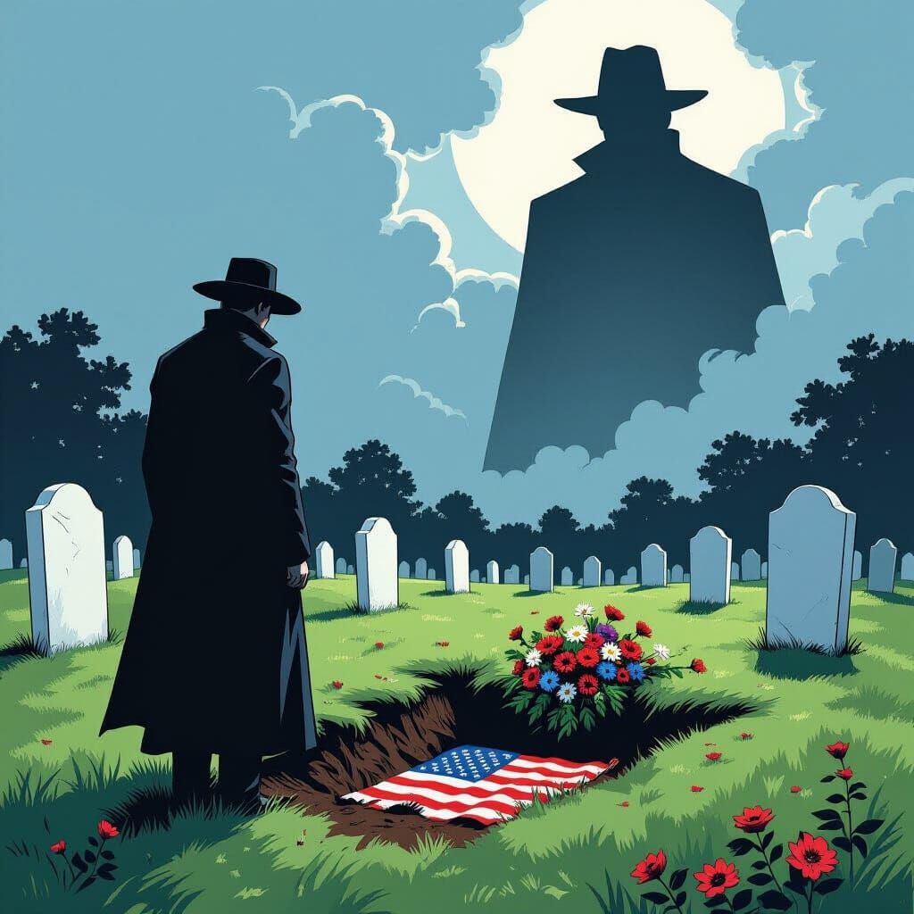 Lone Man Beside Open Grave in Cemetery