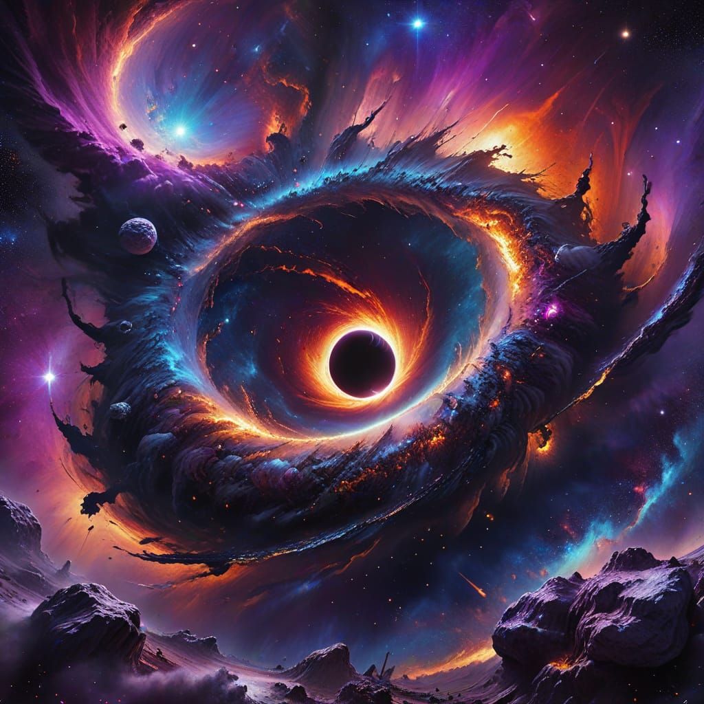 Black Hole Eats Galaxy in Cosmic Horror Oil Painting