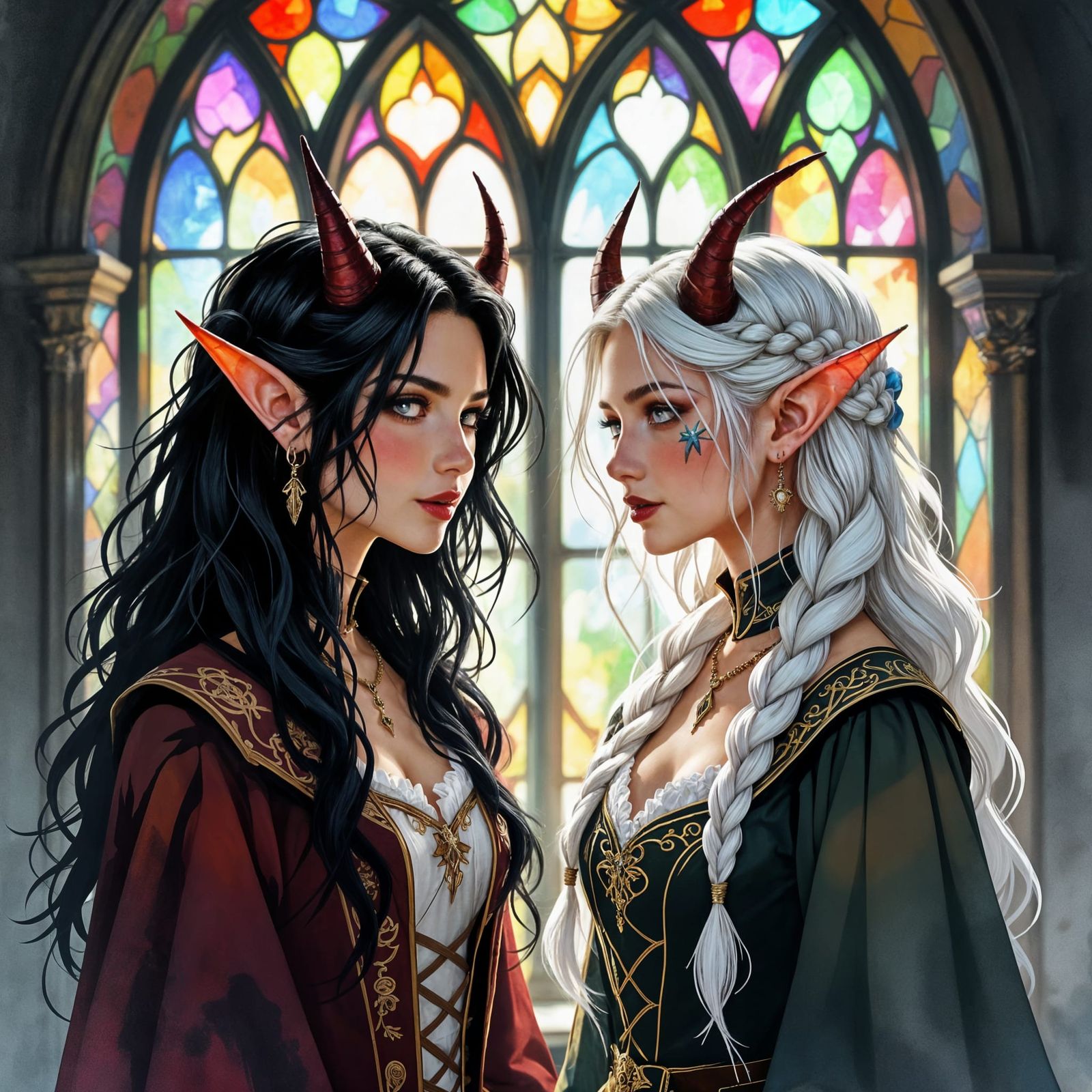 Elves Bathed in Stained Glass Light, Art Nouveau Sketch