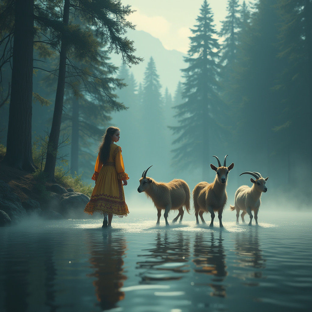 Girl Walks on Water with Goats in Mystical Forest