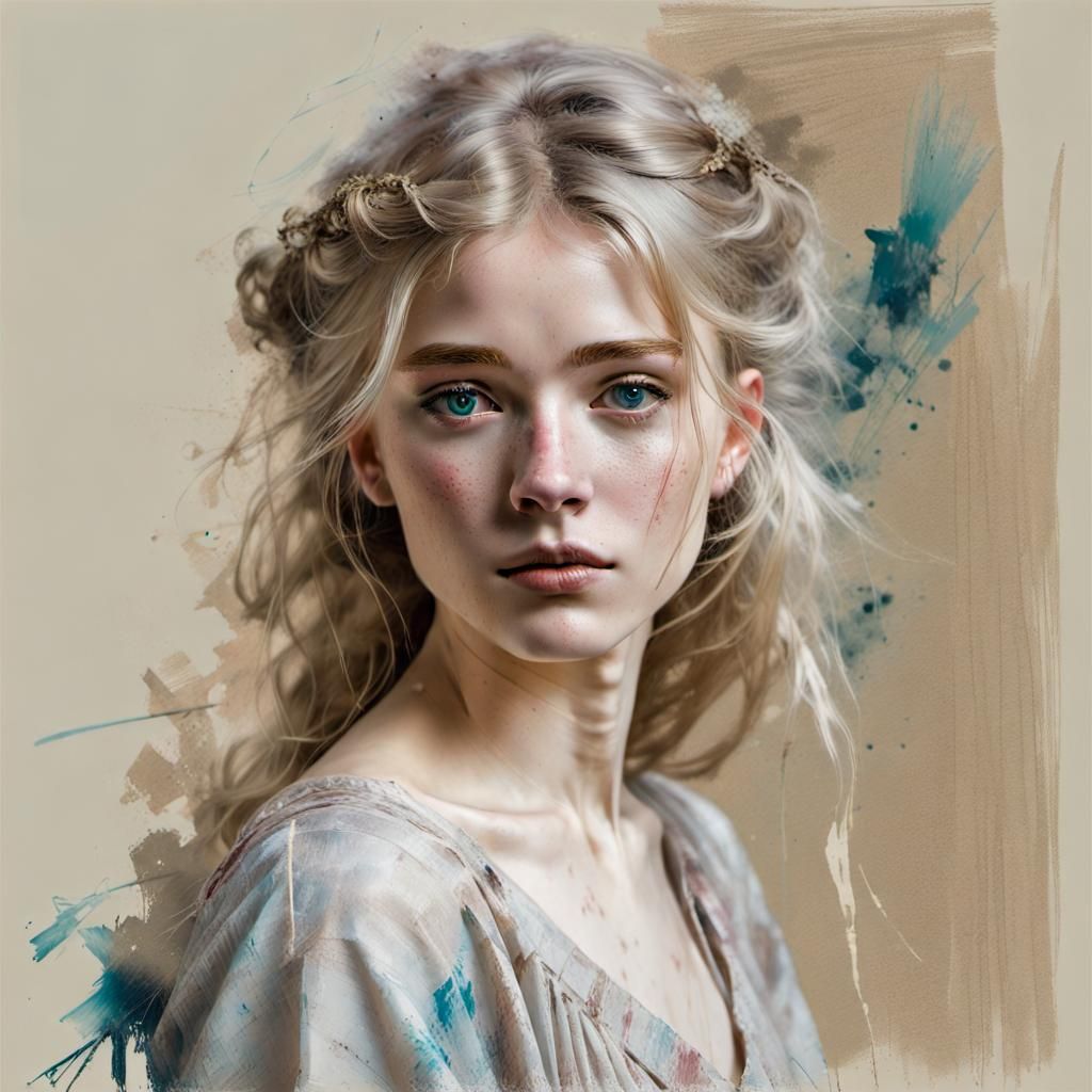 Ash Blonde Woman Portrait in Watercolor Style
