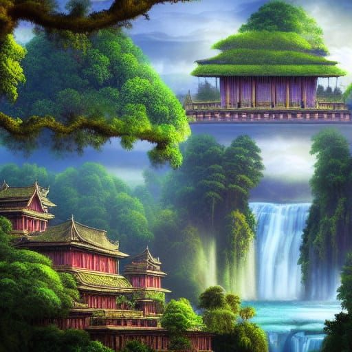 Floating Temples with Lush Gardens in the Sky