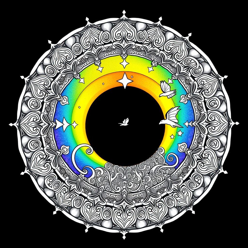 Mystical Black and White Mandala with Rainbow Portal