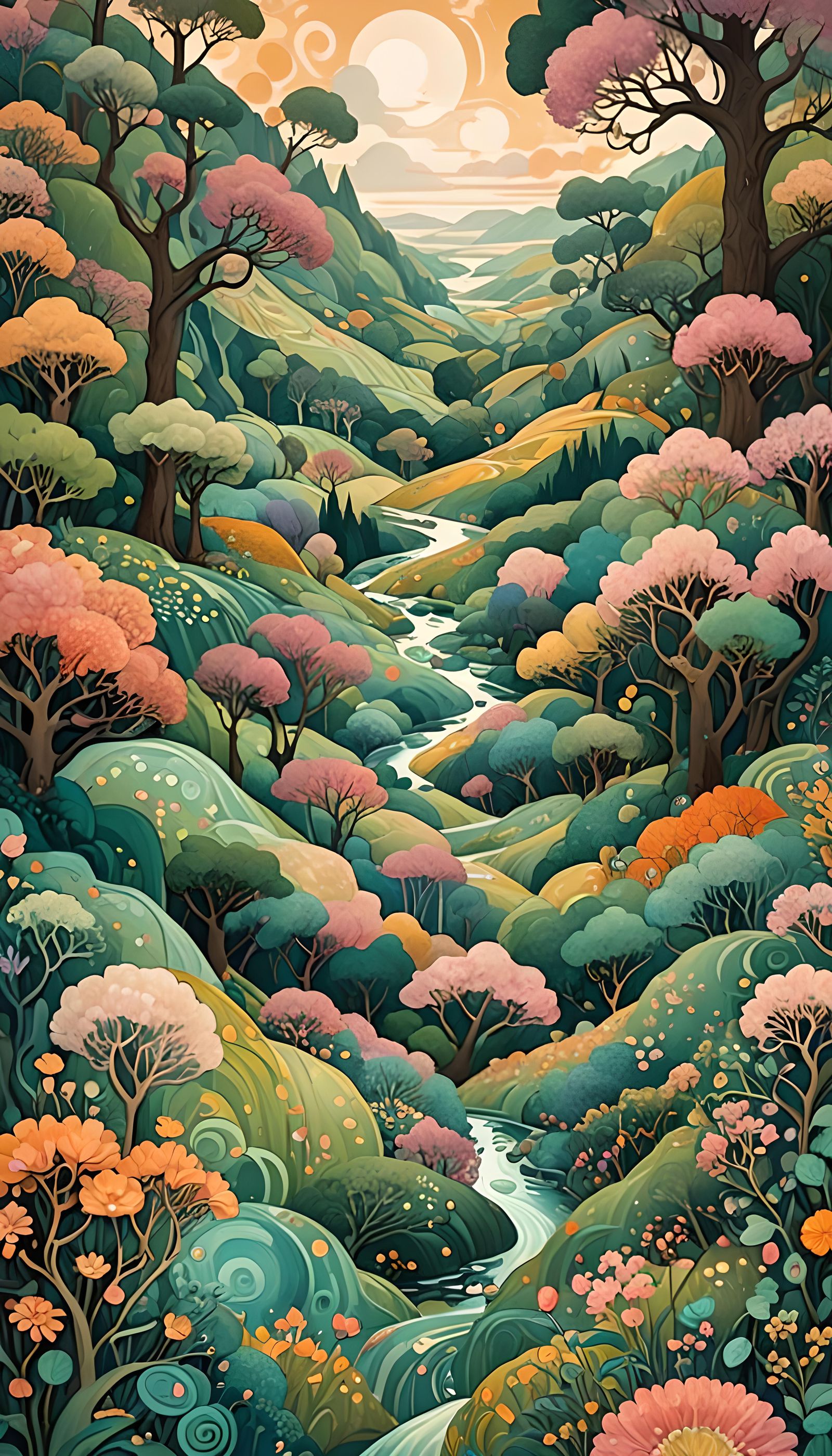 Pastel Landscape with Abstract Art Deco Shapes