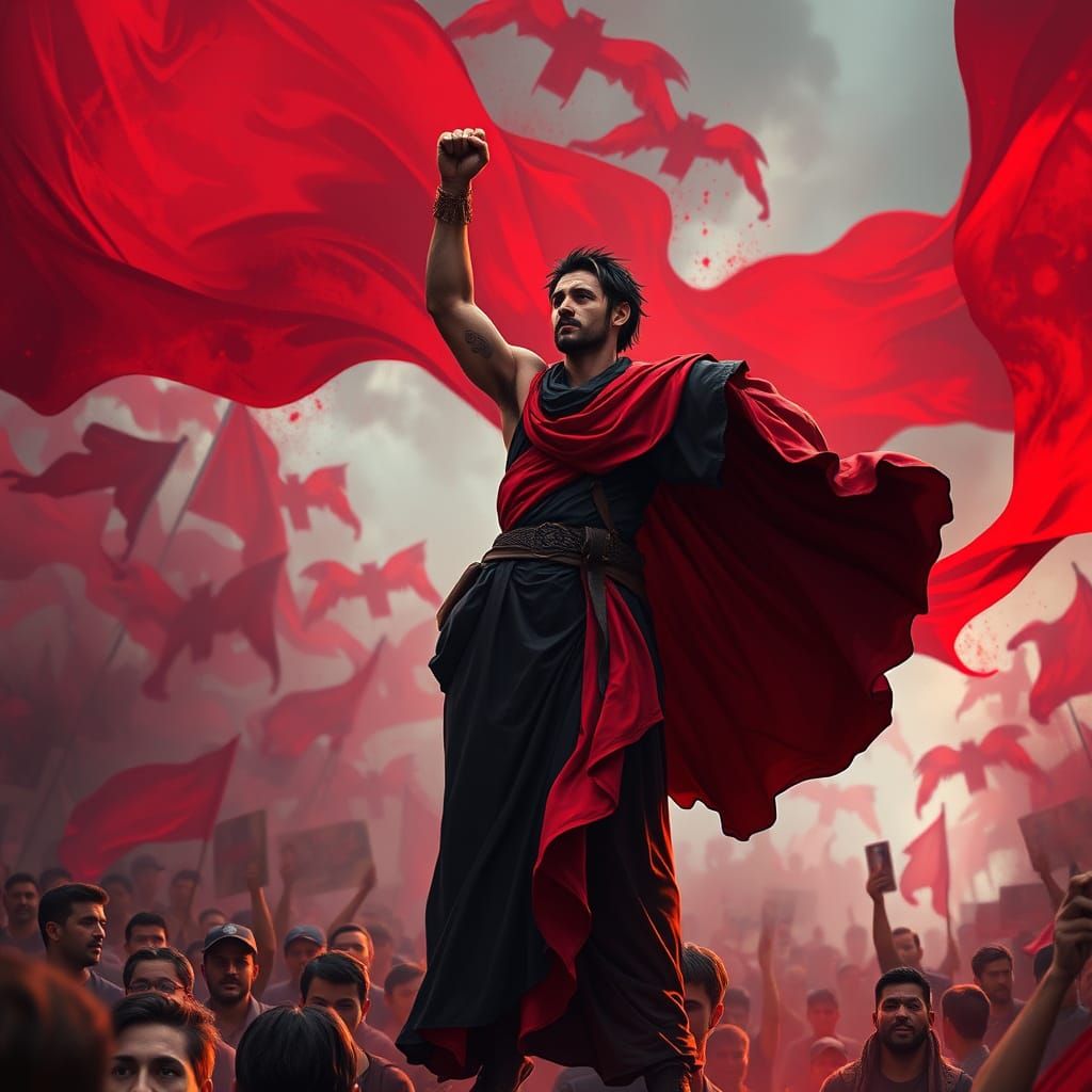 Protest Leader in Vibrant Black and Red Attire