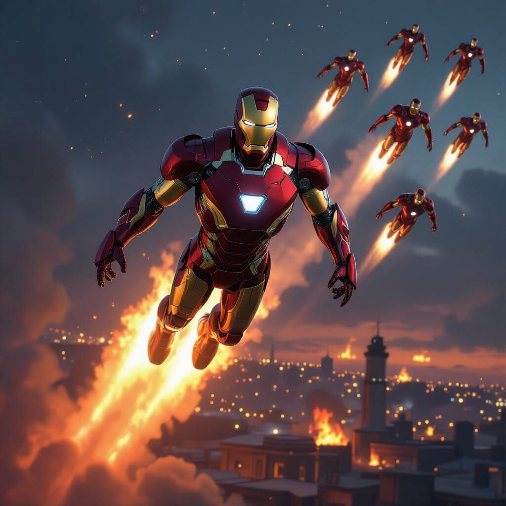 Iron Man Suits Soar Over Fiery Port